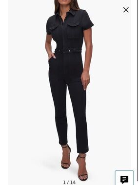 Good American Black Short-Sleeve Denim Utility Jumpsuit with Belt